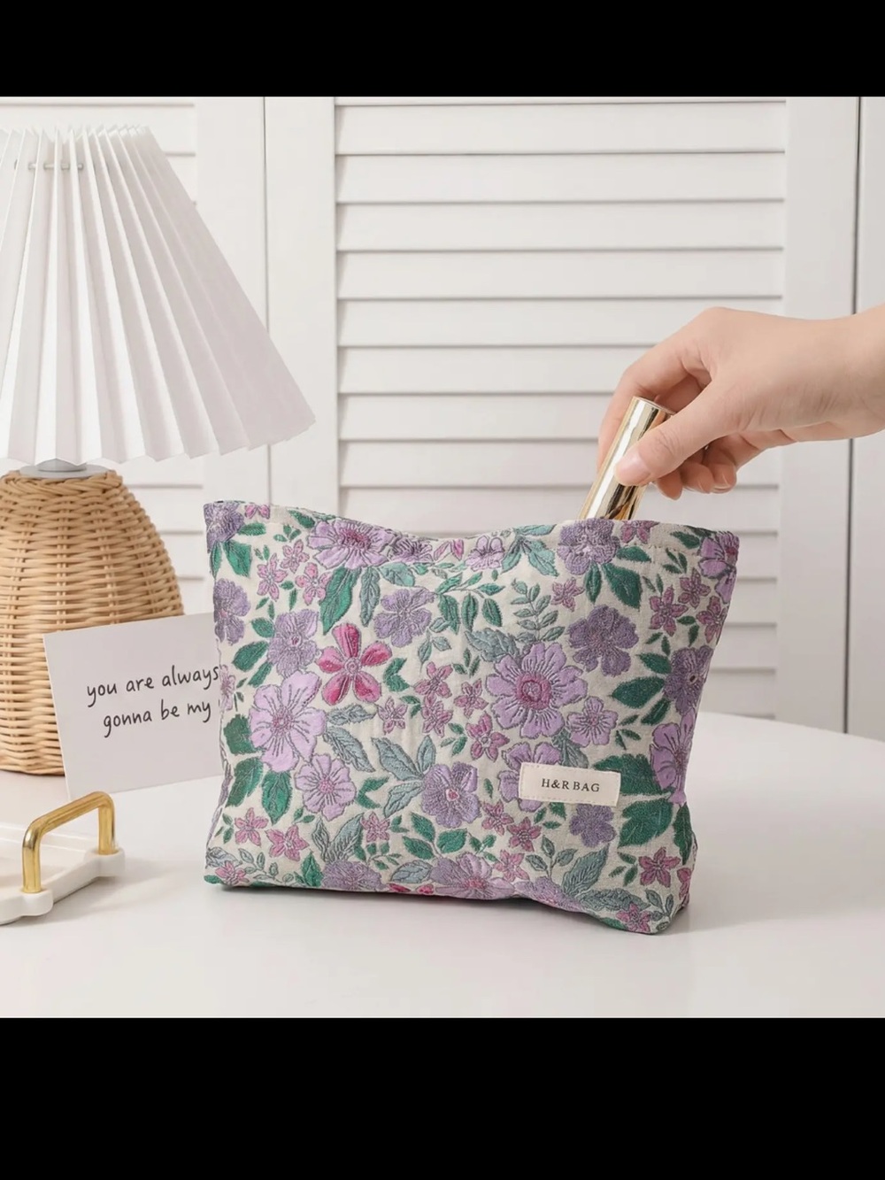 H&R BAG Floral Embroidered Cosmetic Pouch in Cream, Purple & Green